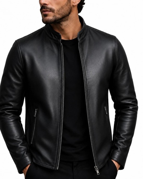 Mens Black Real Lambskin Leather Jacket Slim Fit Cafe Racer Biker Stand Collar