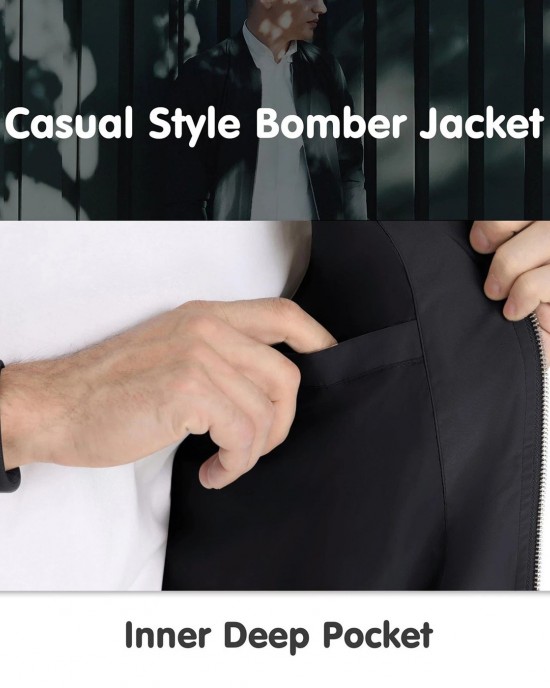Men's Lightweight Bomber Jacket Spring Fall Thin Casual Coat Full-Zip Work Coats - Black